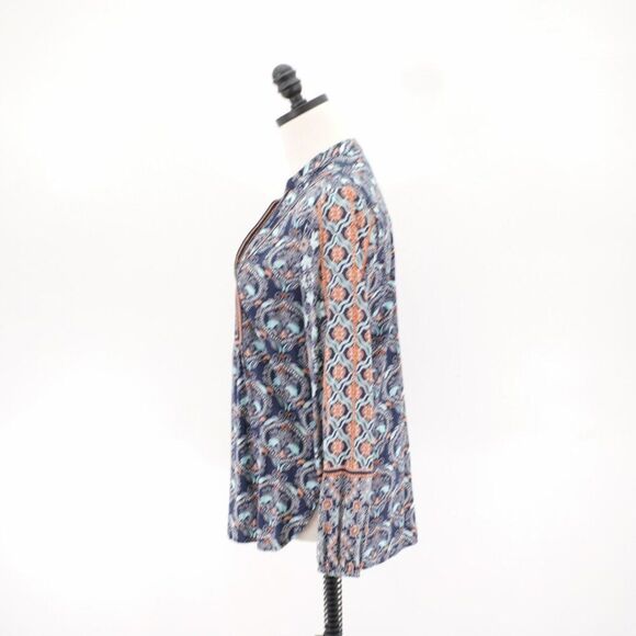 Ann Taylor Loft Blue Teal V-Neck Long Sleeve Floral Paisley Top Small Rayon - Picture 5 of 9